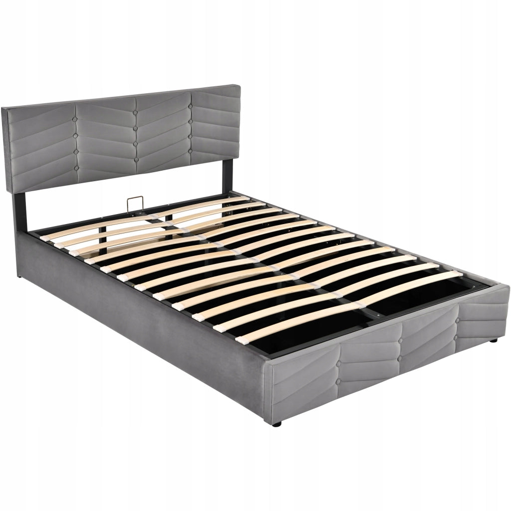 Letto imbottito 140x200 - Xylo - Grigio, velluto, meccanismo idraulico