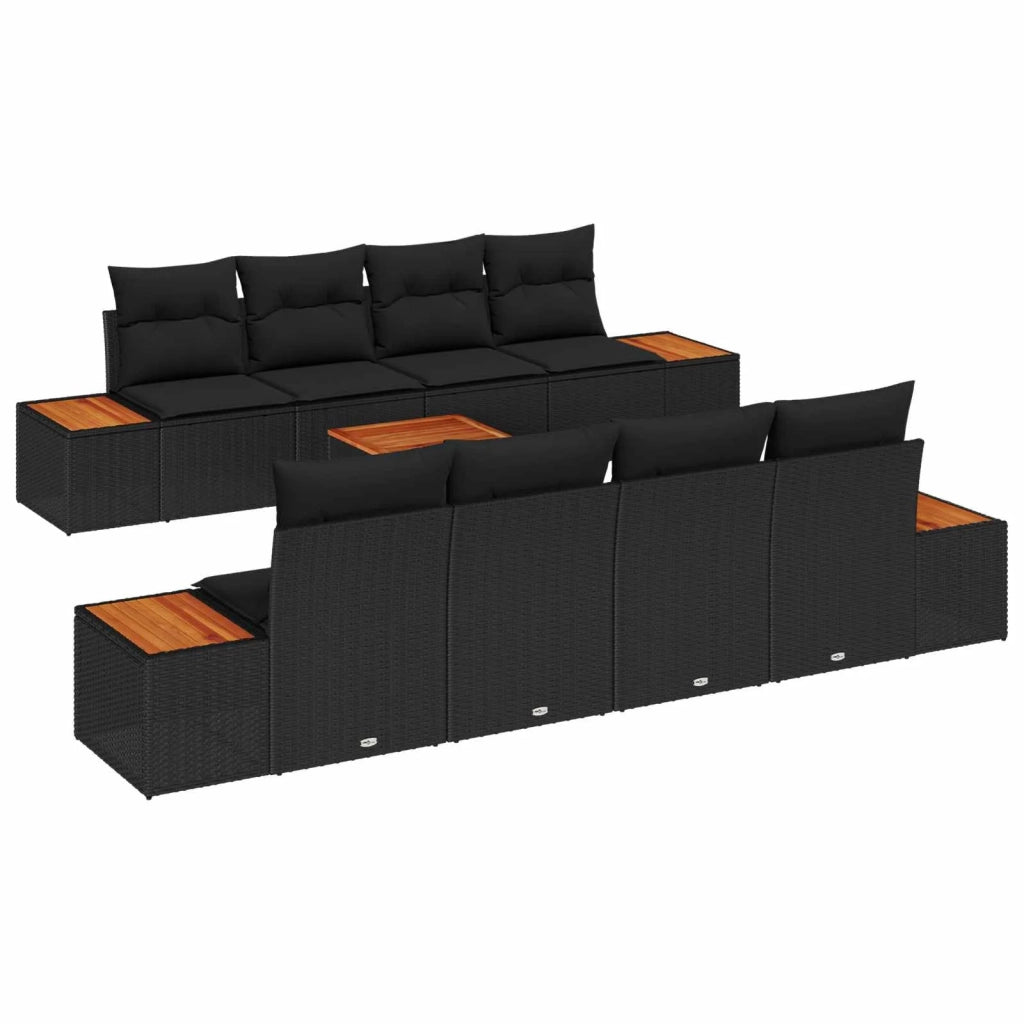 Set Divano da Giardino con cuscino 9 pcs Nero Poly Rattan