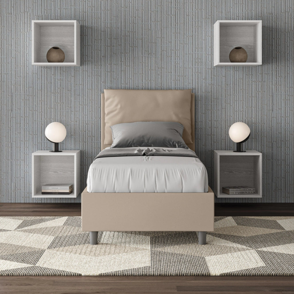 BS COM Letto singolo contenitore imbottito 80x200 similpelle tortora