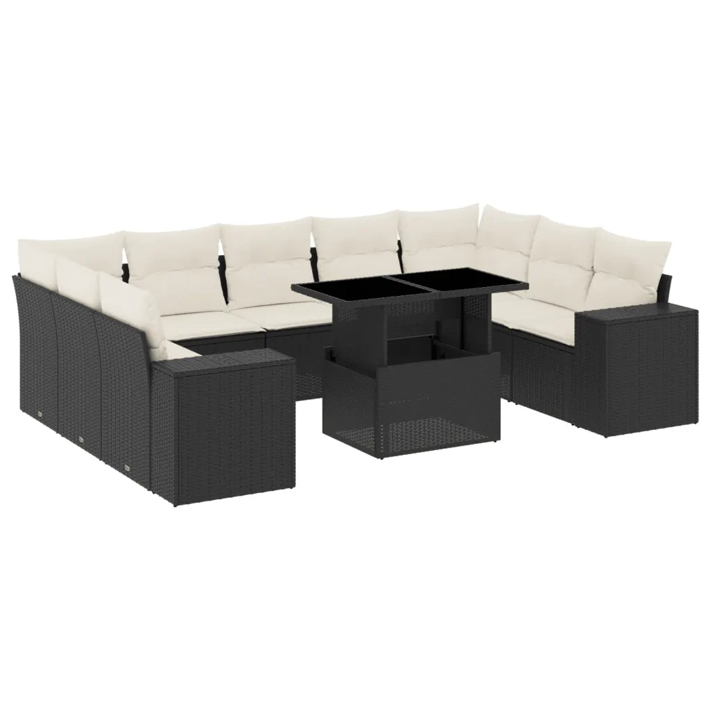 Set Divani da Giardino 10pz con Cuscini in Polyrattan Nero