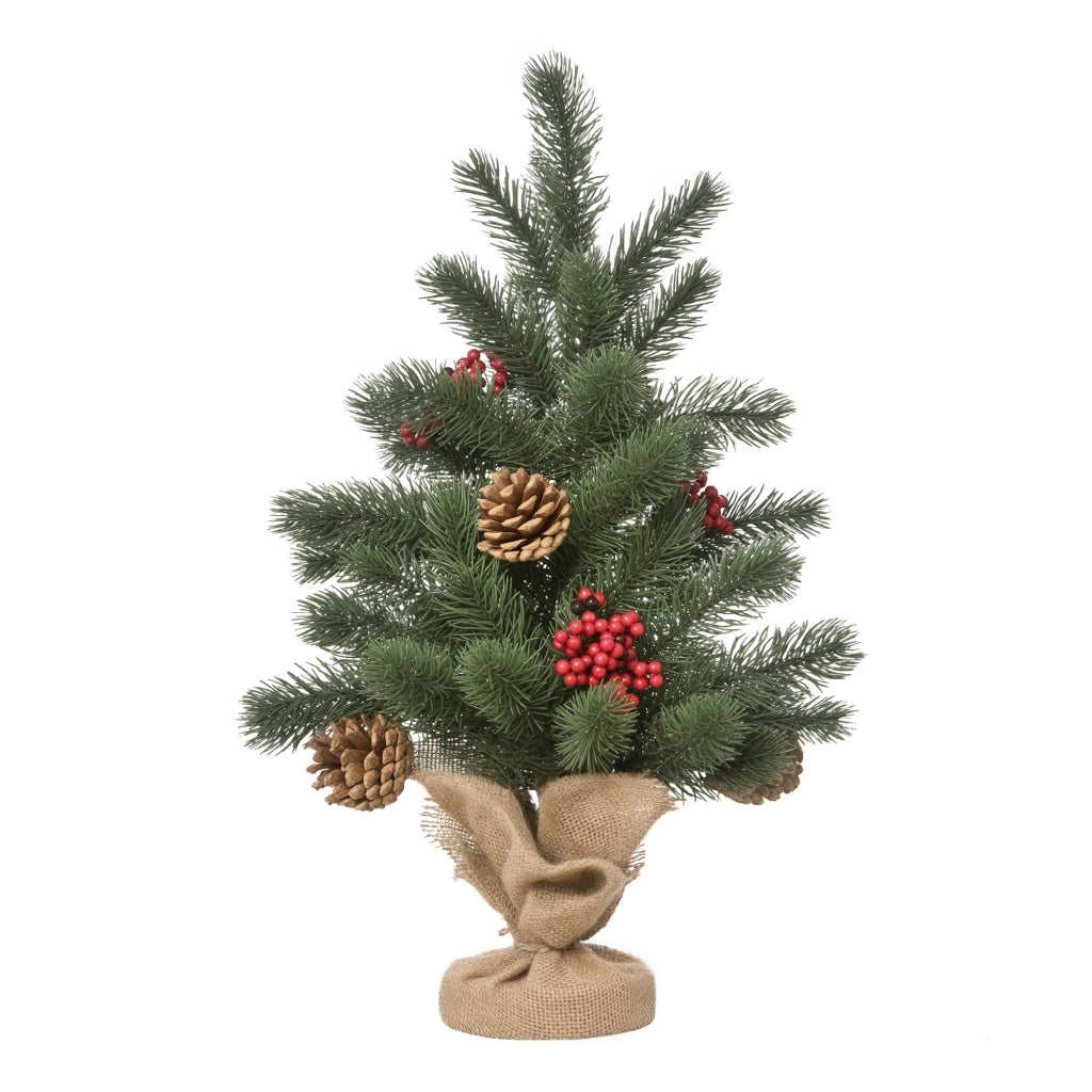 Albero di Natale Mini con Decorazioni ¨C Xylo ¨C Bacche Rosse, Base Cemento, 50cm, Verde