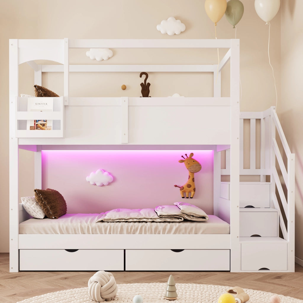 LETTO A CASTELLO 90x200 cm in legno bianco con scala contenitore e lavagna