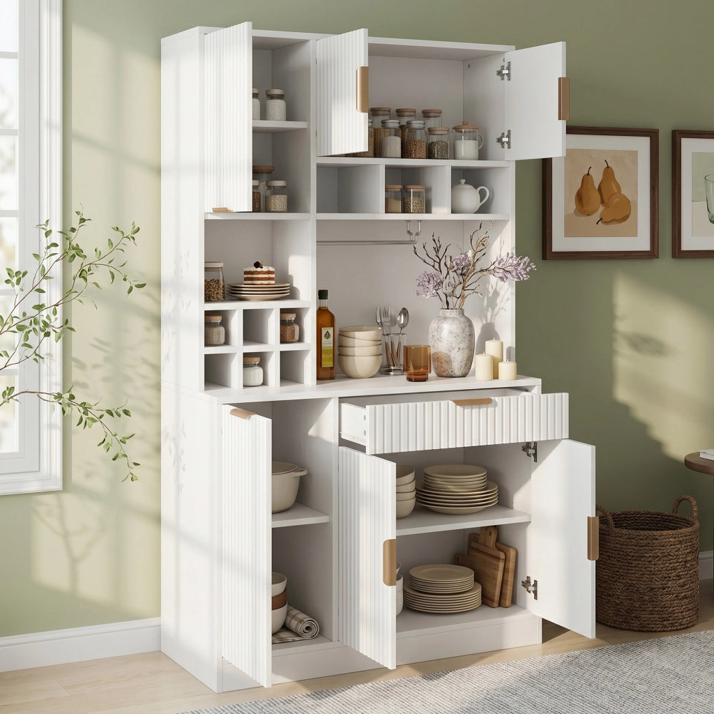 Credenza alta con 2 prese e porte USB-A e USB-C, porta bicchieri e bottiglie, per cucina e sala da pranzo, 100 × 40 × 175 cm