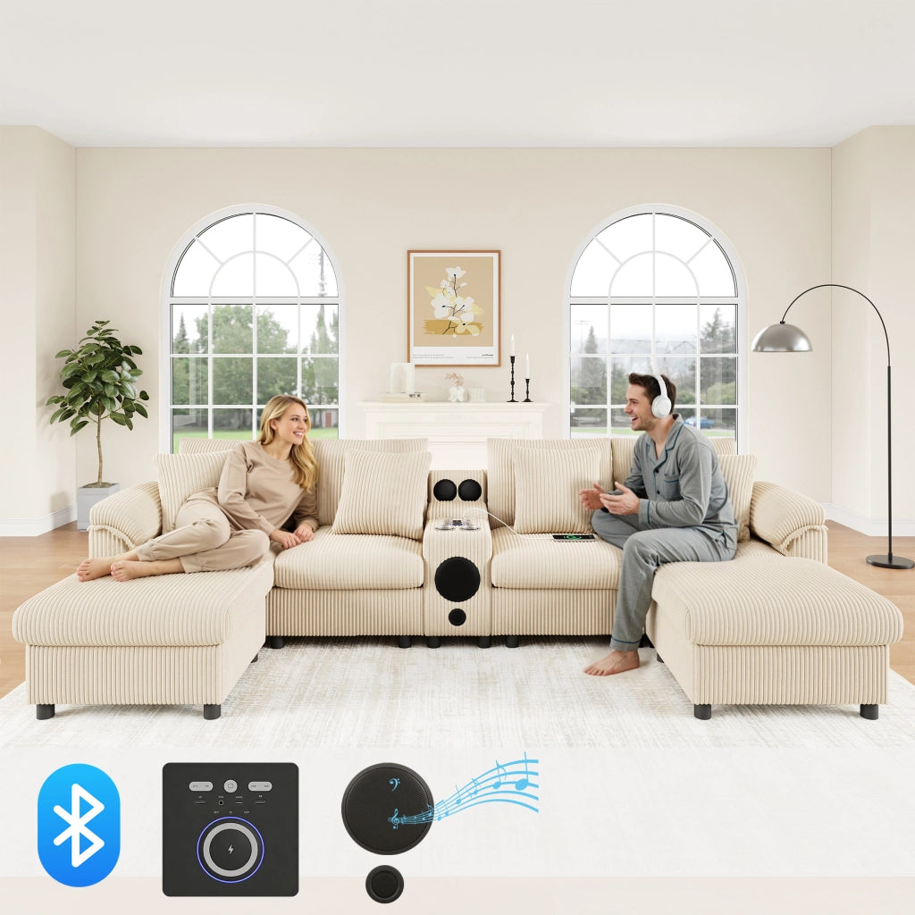 Divano modulare a U e a L - con console Bluetooth e porta bicchieri - in cord beige