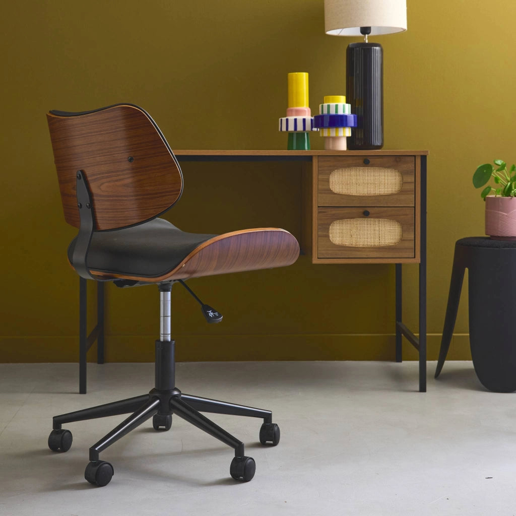 Sedia da ufficio con rotelle, effetto legno curvato e similpelle, nero