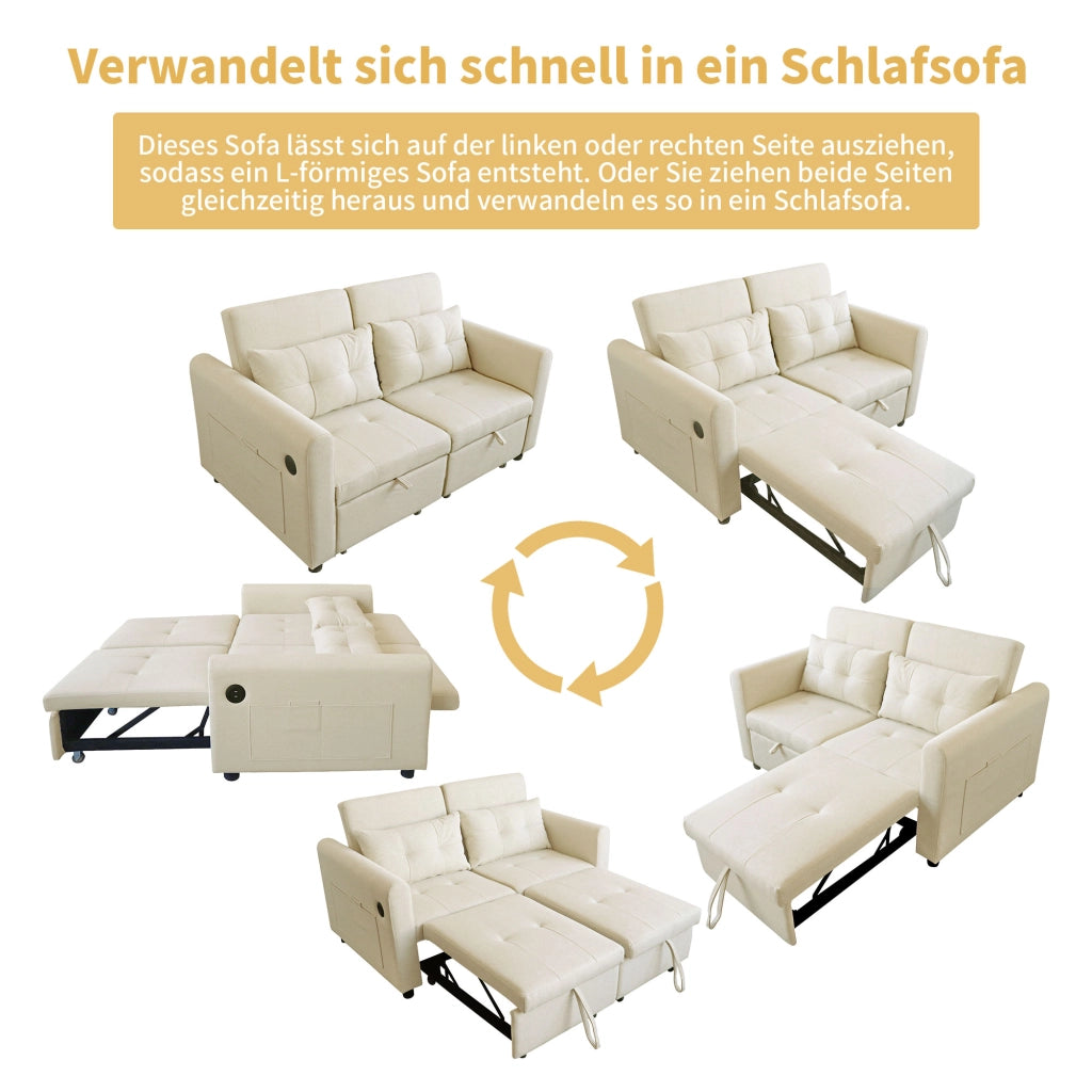 Divano Letto 2 Posti con Schienale Regolabile USB e Tasche Laterali in Cotone Lino Beige