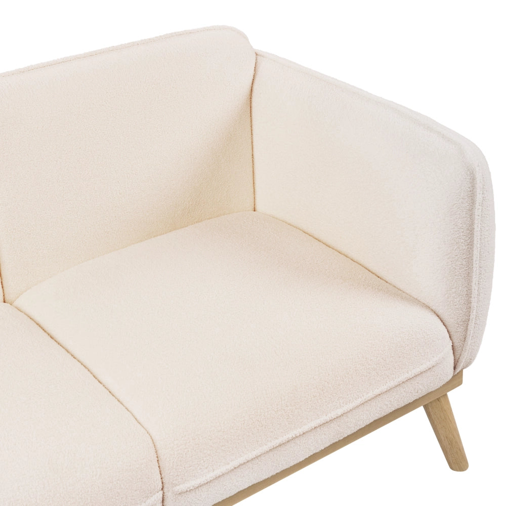 Divano a 2 posti in bouclè beige chiaro con gambe affusolate in legno, divanetto per due persone