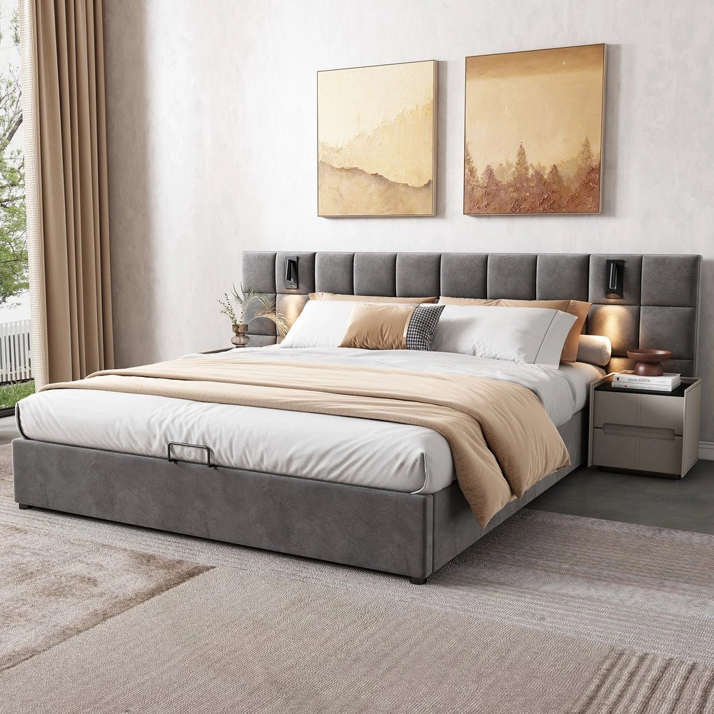 Letto Contenitore Imbottito con LED e USB ¨C Xylo ¨C Velluto Grigio 180x200