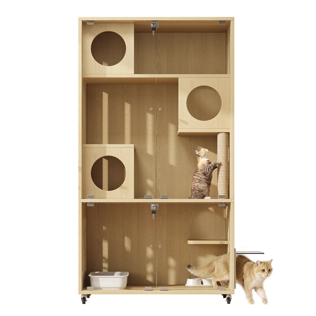 Villa Mobile per Gatti 90×50×166 cm con Porta in Vetro con Chiave; 3 Livelli; Ruote e Gattaiola Regolabile