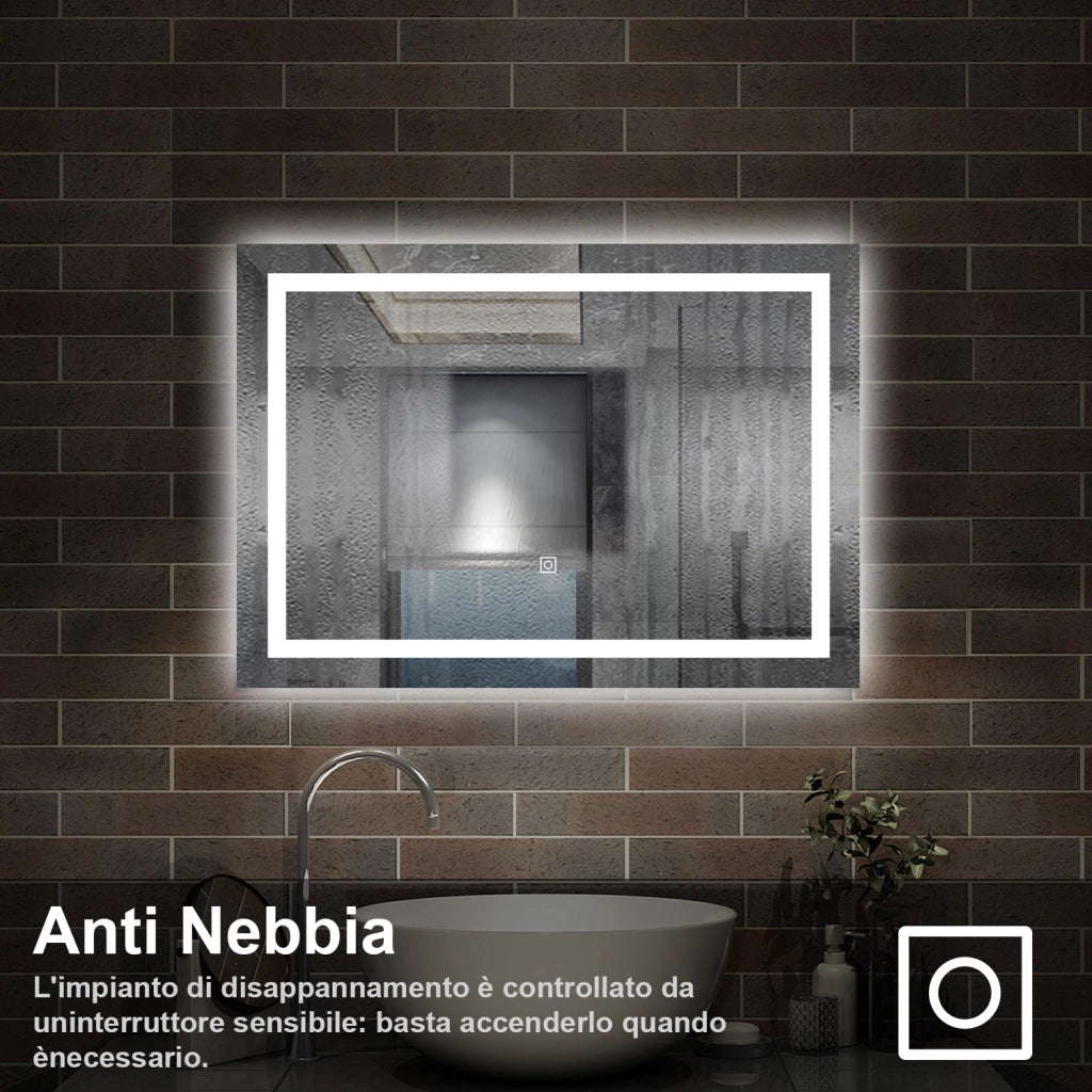 specchio rettangolare 70 x 50 cm con luce led antiappannamento e touch, 3 colori