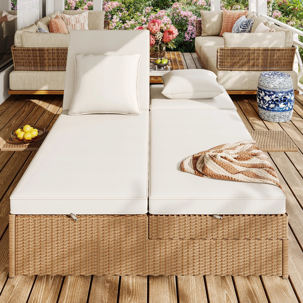 Chaise longue de jardin ext¨¦rieure double lit chaise longue en rotin ext¨¦rieure canap¨¦ en rotin pouvant servir de mobilier de jardin d¡¯ext¨¦rieur adapt¨¦ aux salons balcons et jardins r¨¦sistant aux intemp¨¦ries pliable avec coussins blanc