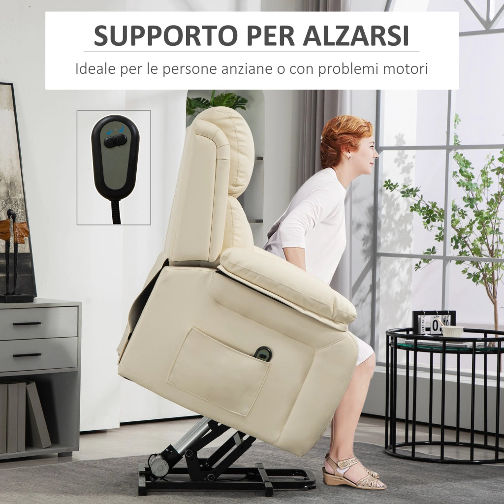 Poltrona Elettrica Reclinabile Alzapersona ¨C Minimal ¨C in Pelle, Bianco Crema