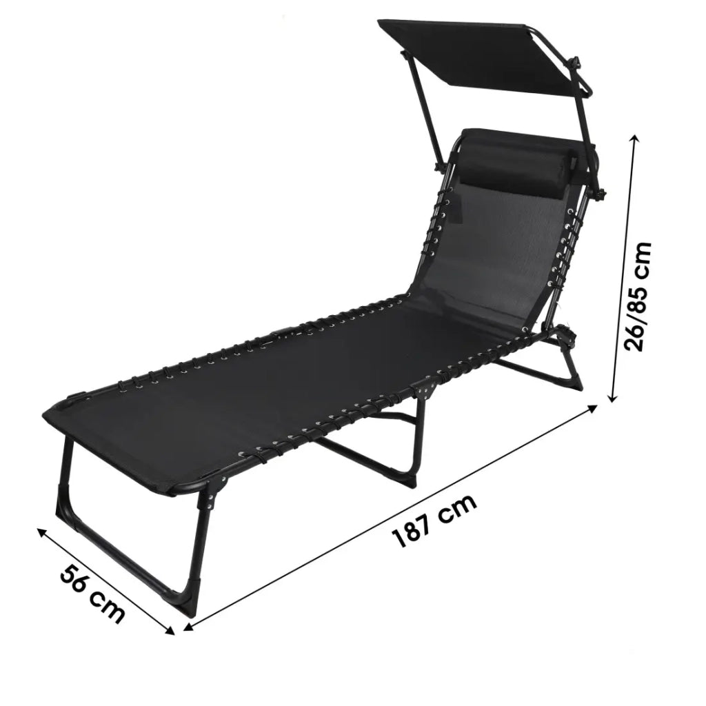 Set di 2 lettini con tavolino-portaombrelli e cuscino – 187x56x85 cm – Metallo nero – Tela nera
