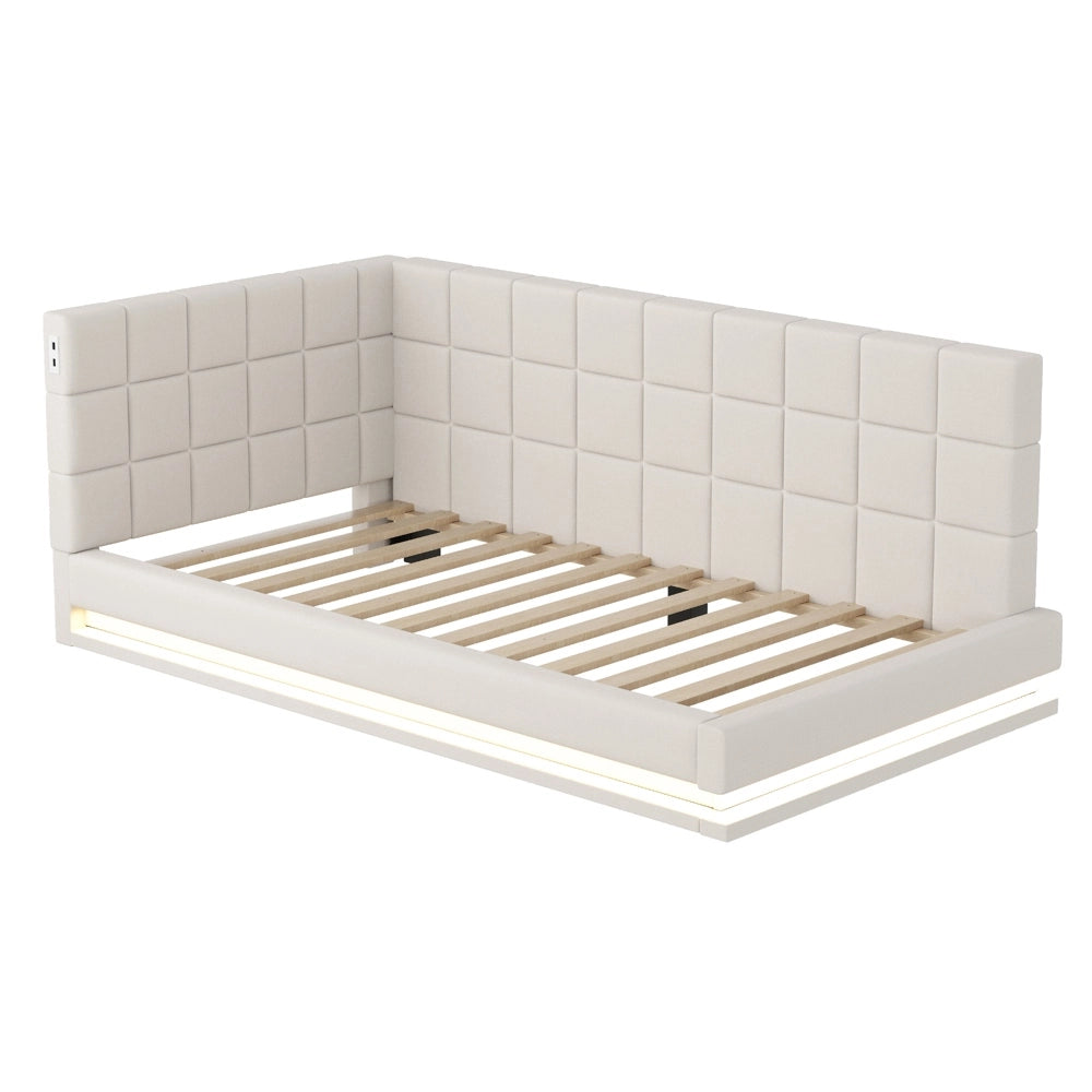 Divano letto 90x200cm - Xylo - velluto beige, LED, USB, doghe