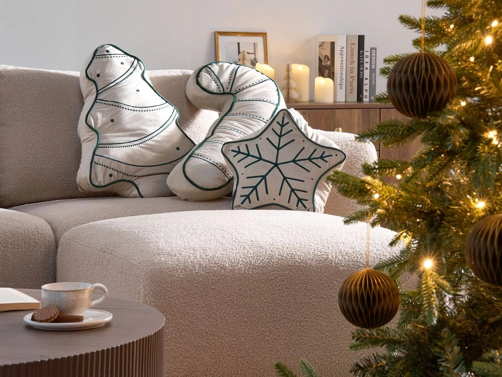 Set di 3 cuscini in velluto con motivo natalizio 40 x 40 cm 60 x 40 cm 70 x 35 cm beige chiaro e verde accessorio decorativo