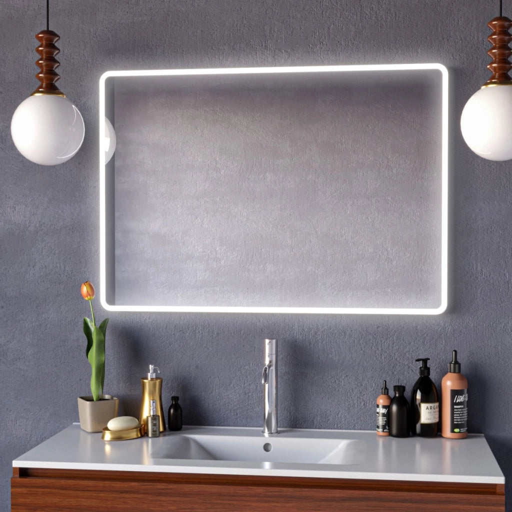 Specchio da bagno rettangolare angoli stondati retroilluminato uno, misura 90x75