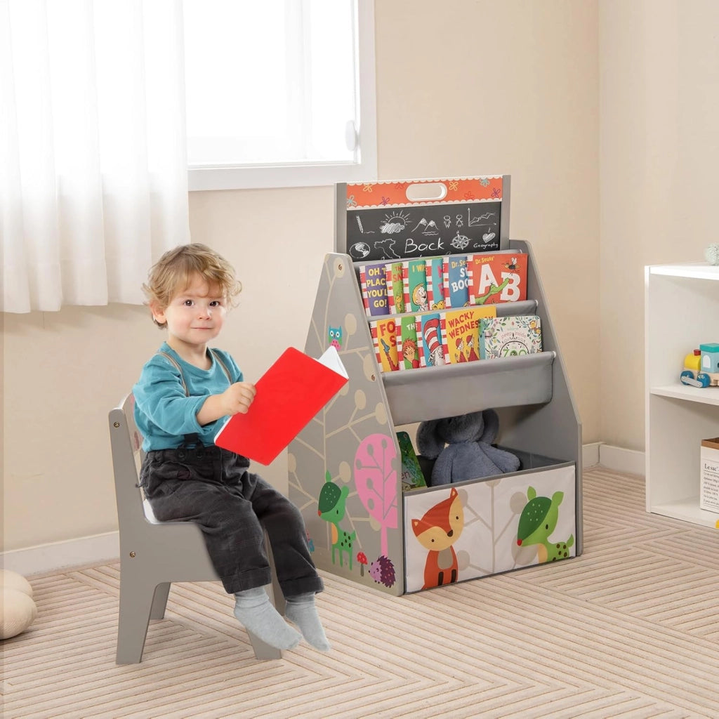 Cavalletto per Bambini Doppio Lato, Set Tavolo e Sedia per Bambini con Lavagna Magnetica e Lavagna Bianca, Contenitore in Tessuto e Libreria(Grigio)