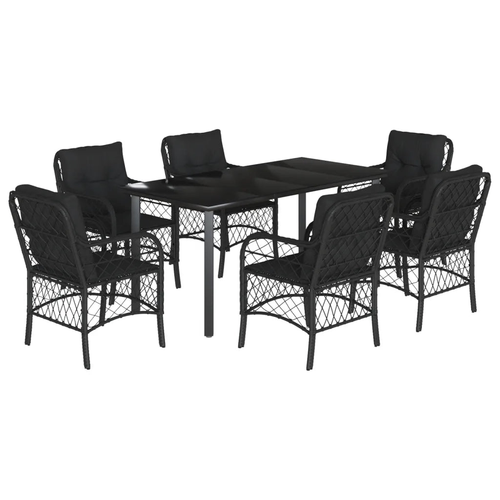 Set da Pranzo da Giardino 7 pz Nero con Cuscini in Polyrattan