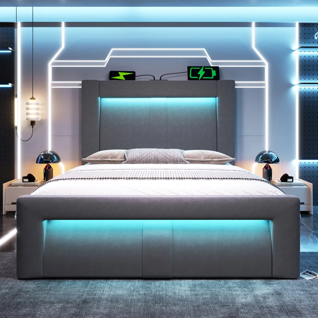 Letto singolo 90x200 cm con contenitore; LED; porte USB e USB C; velluto grigio