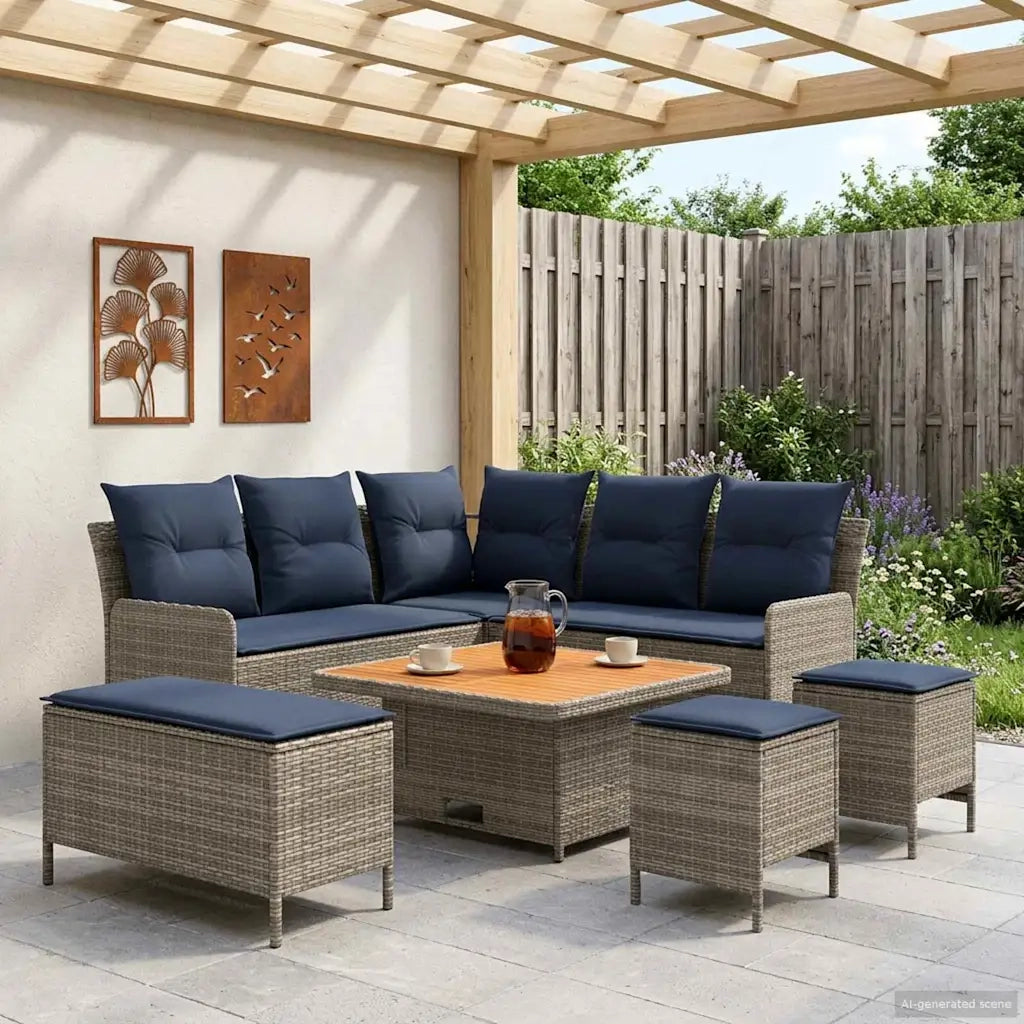 Set di Mobili con cuscino 7 pcs Grigio e Blu Navy Rattan in PE 3422214