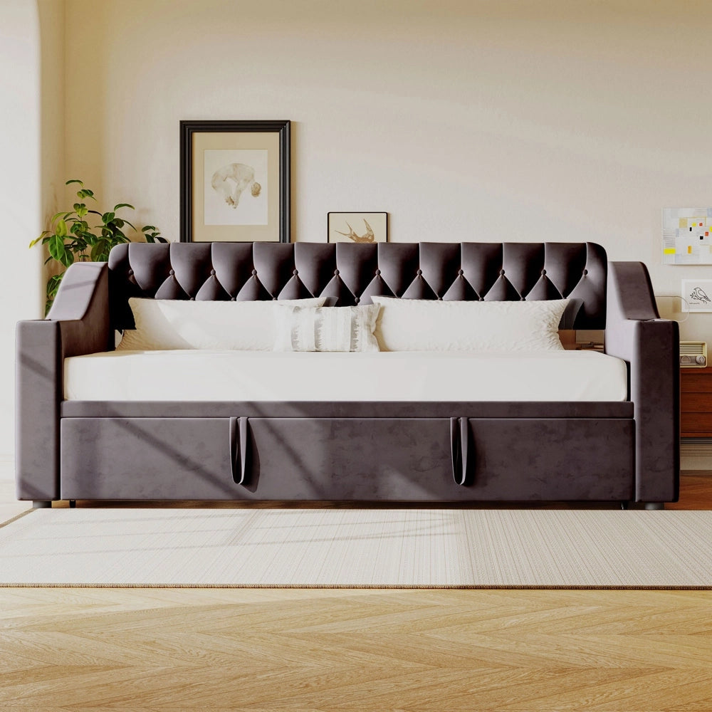 Divano letto - Xylo - 90/180x190 cm braccioli USB velluto grigio scuro