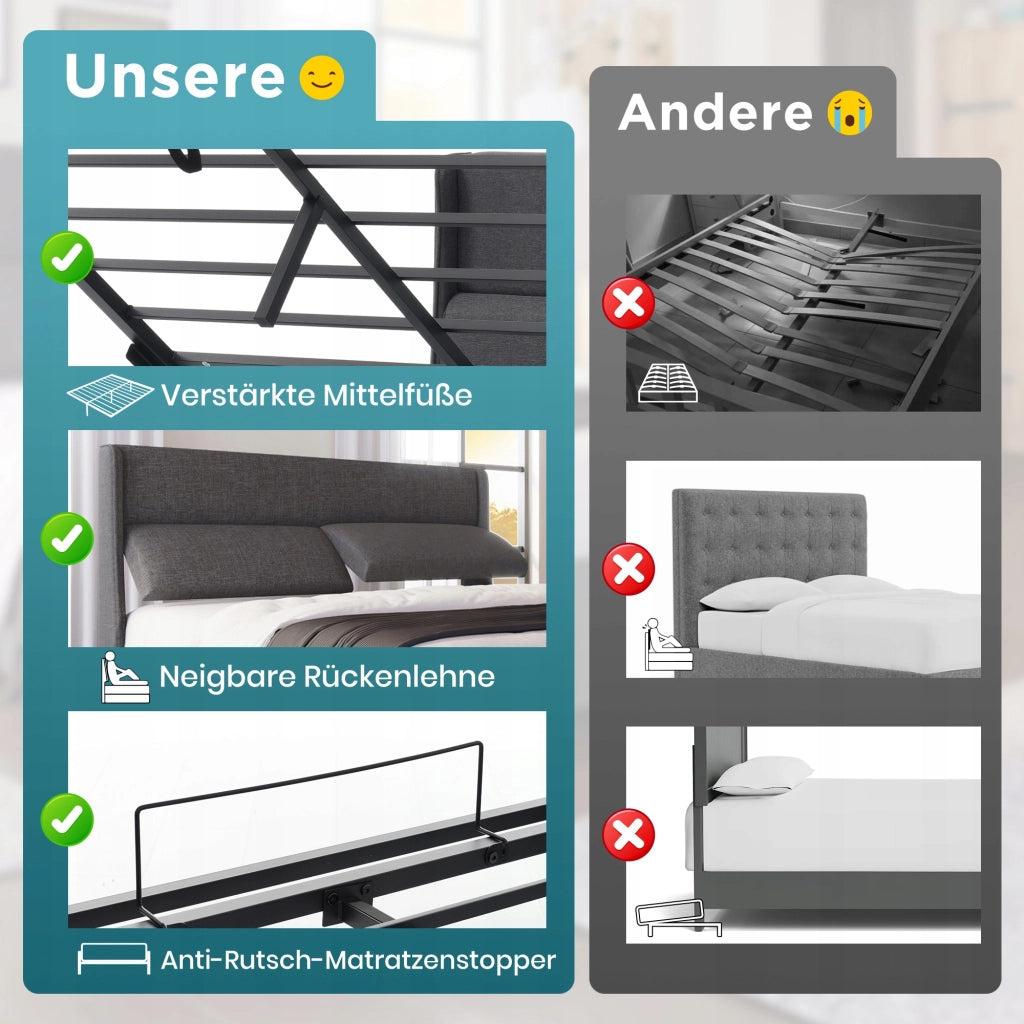 Letto imbottito - Xylo - 140x200 - Grigio - Stelaio idraulico