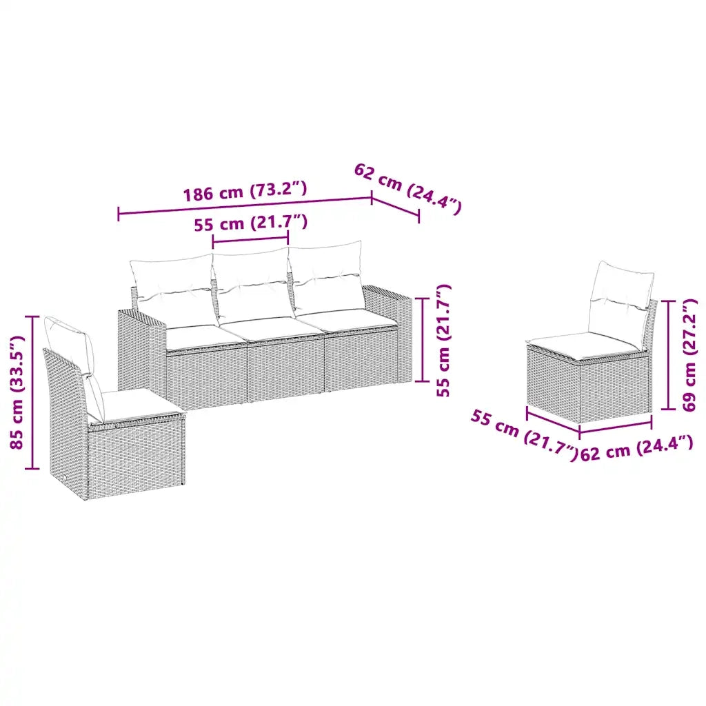 Set Divano da Giardino 5pz | Set Salotto da Giardino con Cuscini Grigio Chiaro Polyrattan