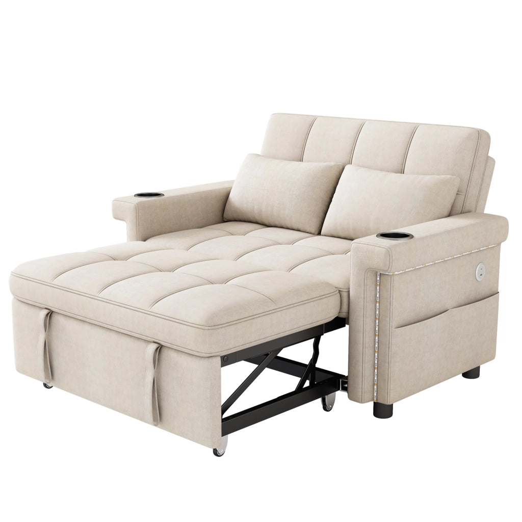 Sofa letto a 2 posti modulare 145 cm in chenille beige con LED; USB e Type-C