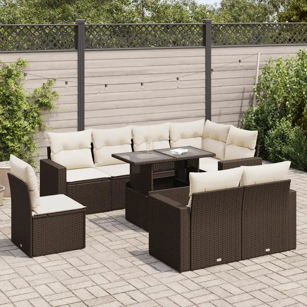 Set Divani da Giardino 9pz con Cuscini Marrone in Polyrattan 3326344