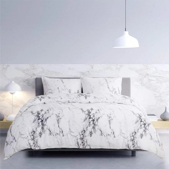 Set di coperte in microfibra 135x200 cm, 2 pezzi, con chiusura a cerniera, set di coperte invernali, 135x200 cm, con cuscino, 80x80 cm, disegno marmo, bianco, per letto singolo.
