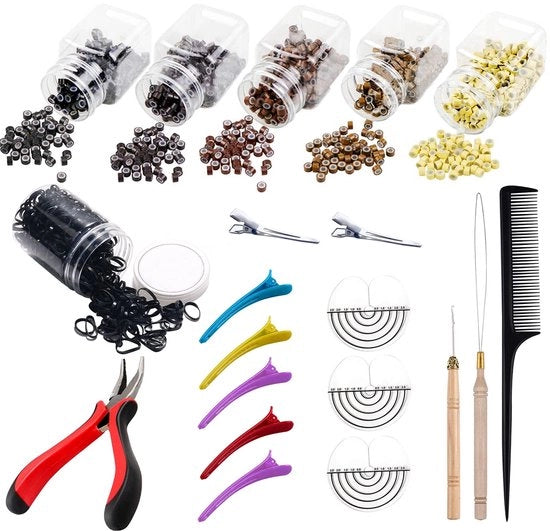 Set di Estensione Capelli Professionale - 2500 Micro Anelli di Acciaio - Aghi da Trapano - Trapano - Lama - Mini Bende di Gomma - Adatto per Uso Professionale e Casalingo - Estensioni di Capelli