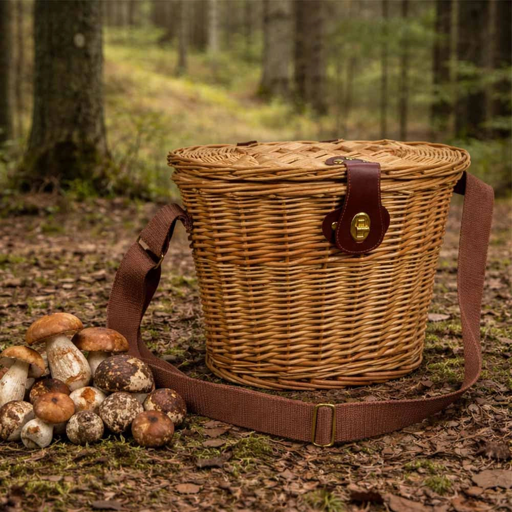Cesto Ovale per Funghi con Tracolla e Coperchio Leggero 34 x 25 x h 26 cm