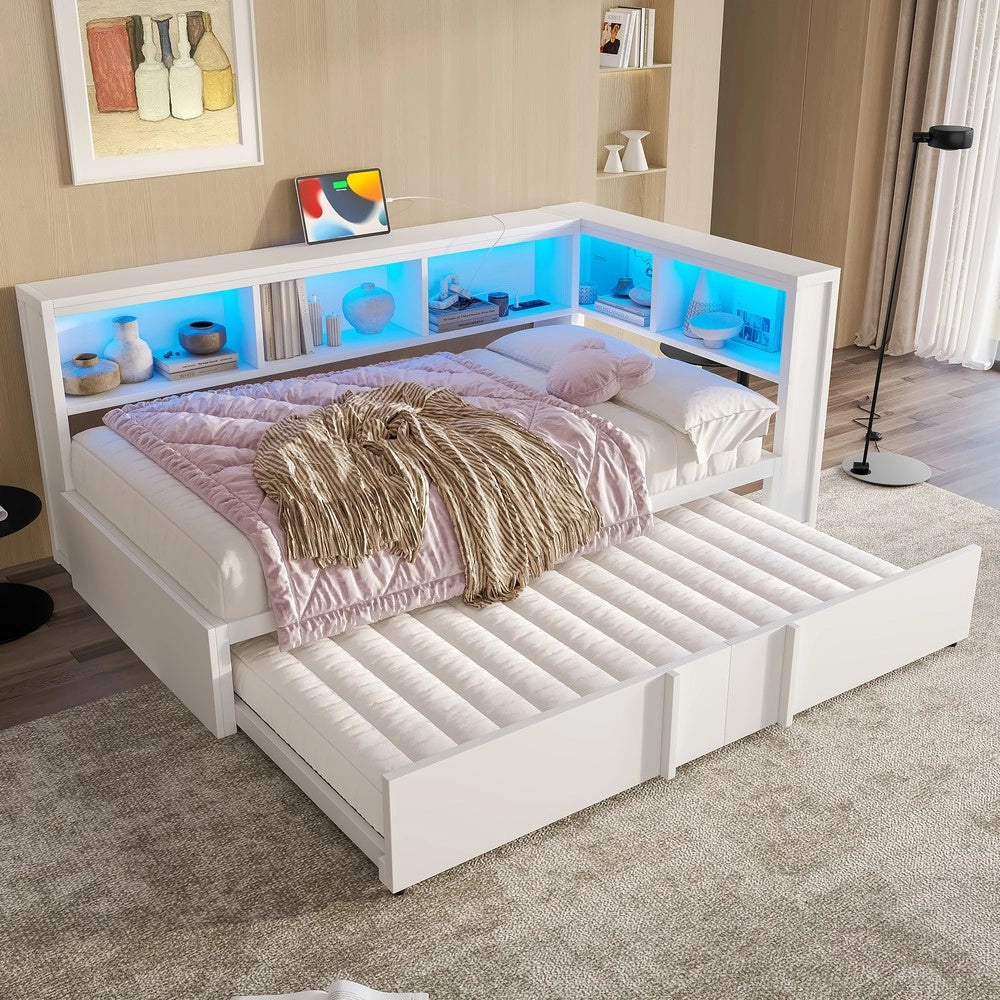 Letto con Rete Estraibile, LED e USB ¨C MINIMAL ¨C Metallo Bianco 90x200
