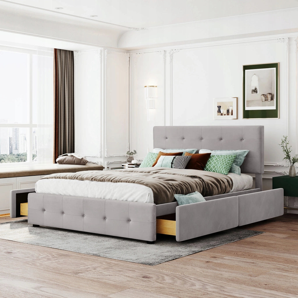 Letto imbottito 140x200 grigio con cassetti - Xylo