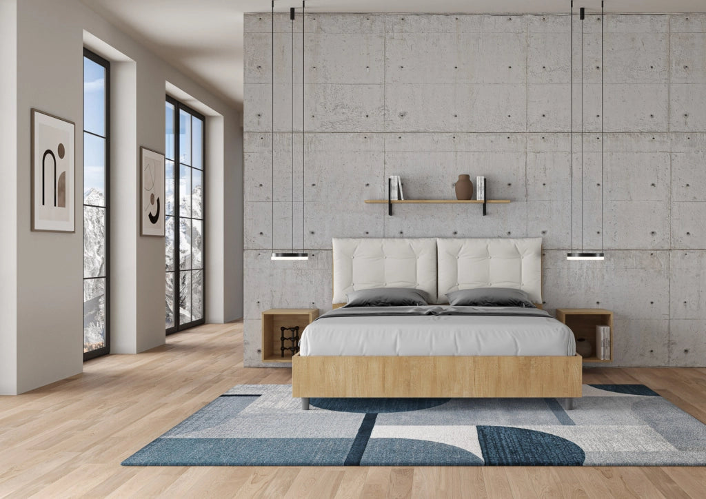 BS COM Letto matrimoniale con rete 160x190 quercia cuscini similpelle bianco