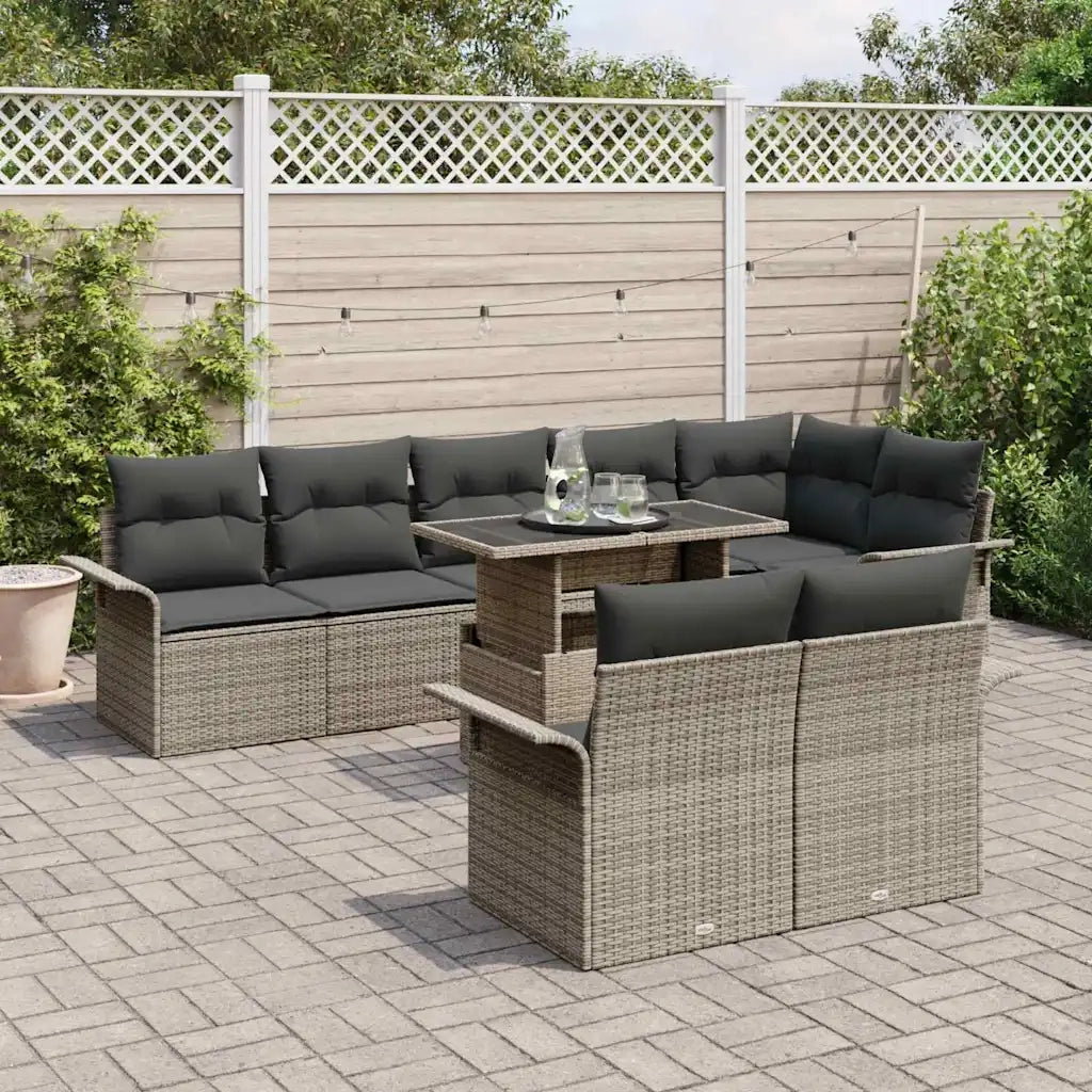 Set Divano da Giardino con cuscino 9 pcs Grigio Poly Rattan
