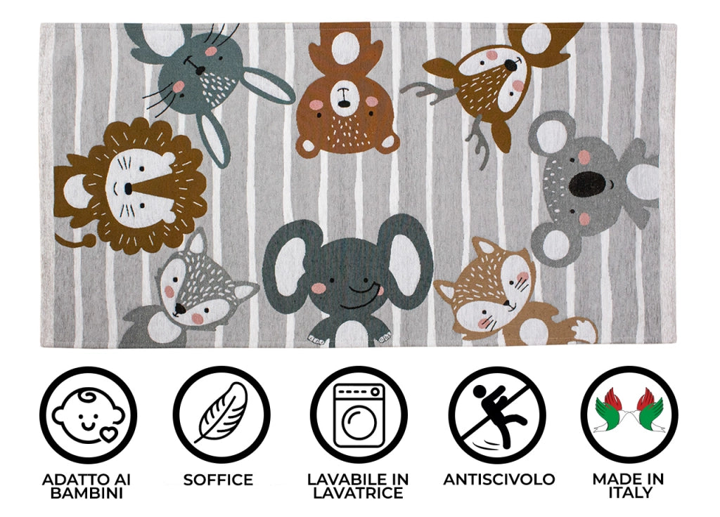 Tappeto Arredo e Gioco Antiscivolo Per Cameretta Bambini Disegno Animalii - 80x150 - Grigio Perla