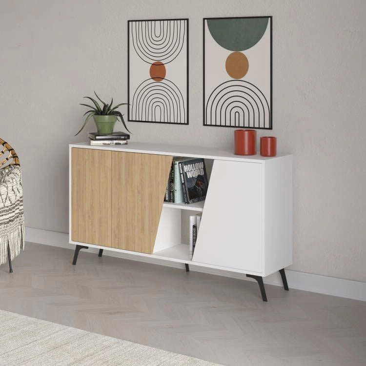 Madia Credenza Moderna 150 cm con 2 Ante 8 Vani e Ripiani Bianco e Quercia