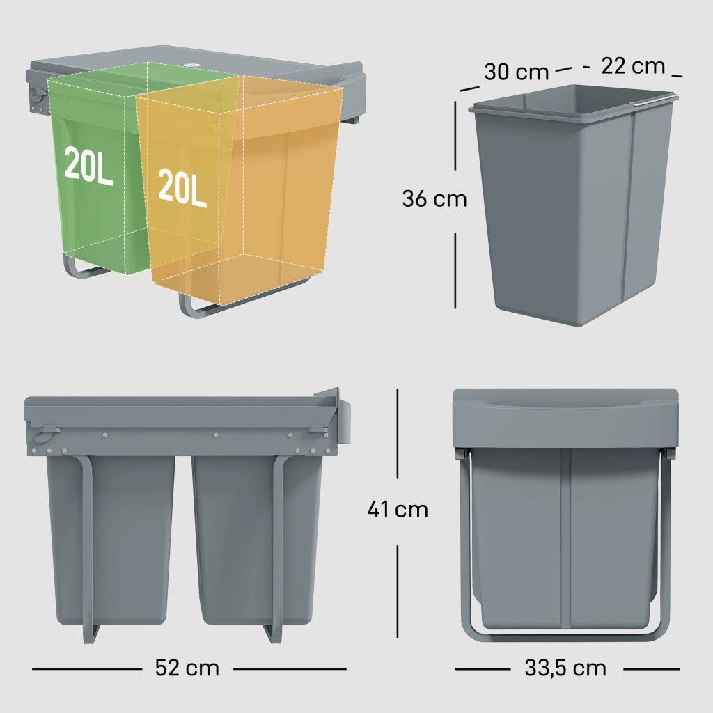 Cestino estraibile 2x20L ¨C Minimal ¨C plastica metallo grigio