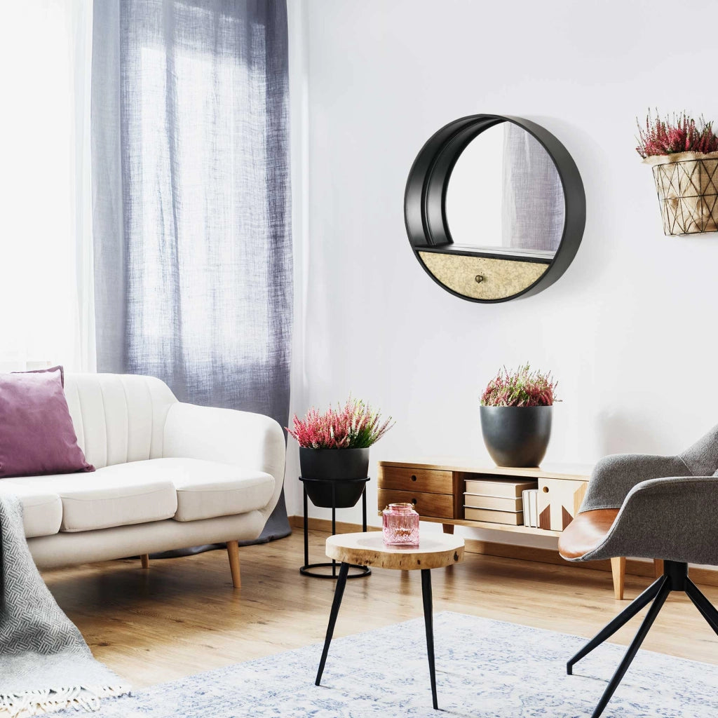 Specchio da Parete con Cassetto ¨C Minimal ¨C Nero, Metallo e MDF, ?61cm