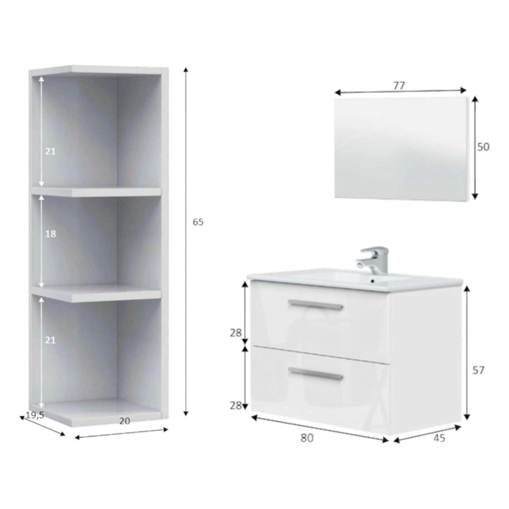Plassas, set Mobili Bagno Specchio Incluso, Bianco Lucido