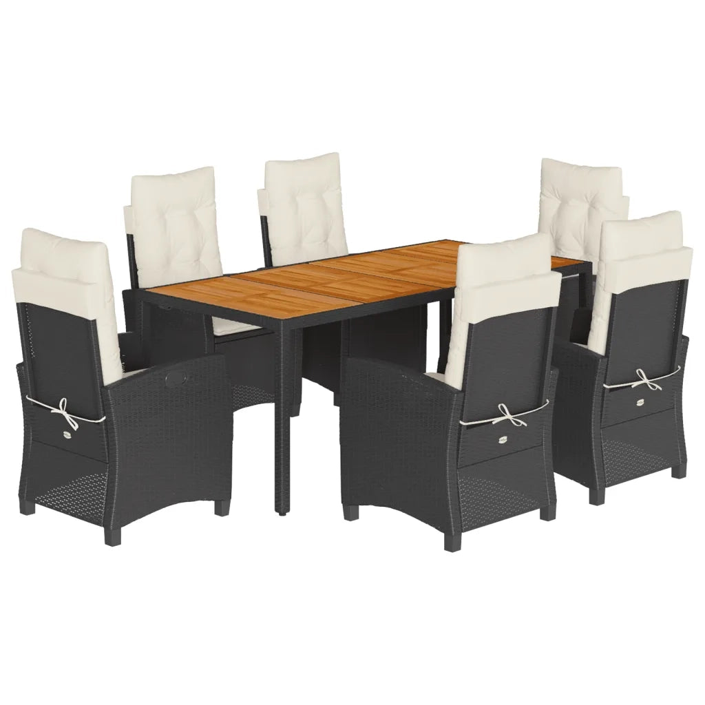 Set da Pranzo da Giardino 7 pz Nero con Cuscini in Polyrattan