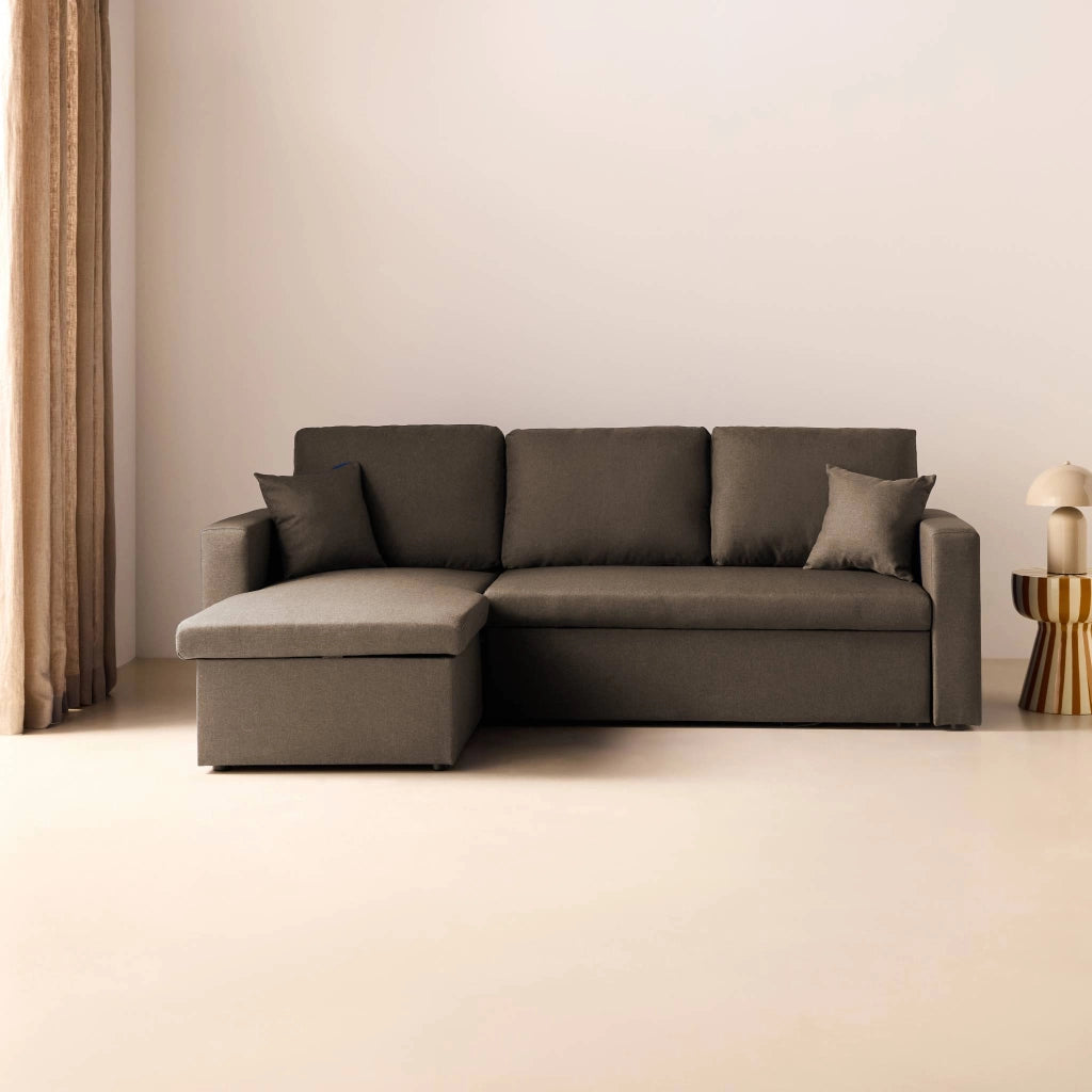 Divano letto angolare reversibile con contenitore, 3 posti, marrone