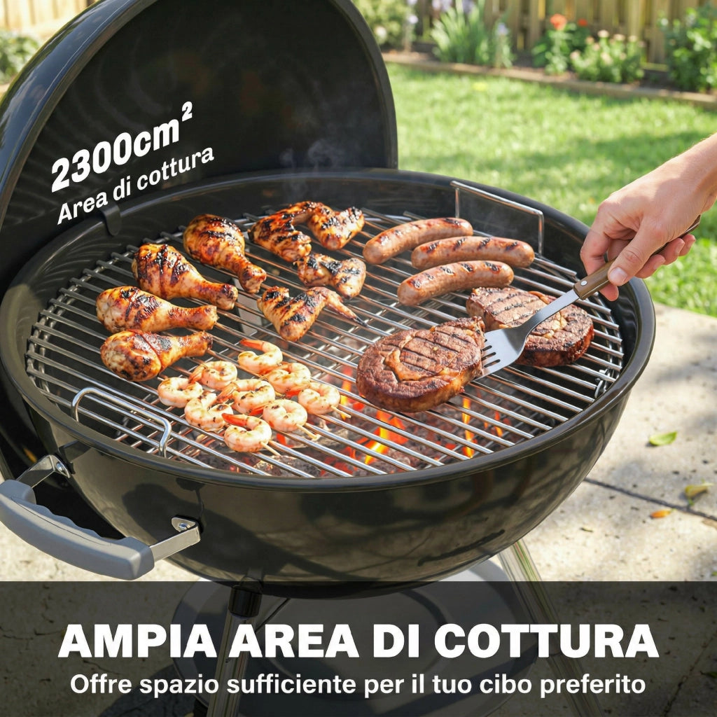 Barbecue a Carbone Rotondo con Coperchio ¨C Xylo ¨C Termometro e Ruote, Nero