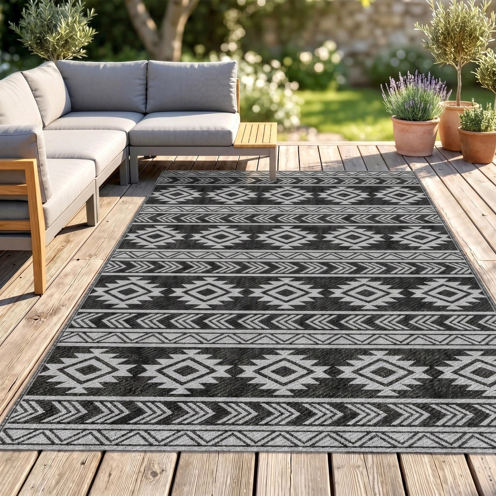Tappeto Moderno per Esterni Nero e Grigio in PP con Design Reversibile e Pieghevole, 182x274 cm