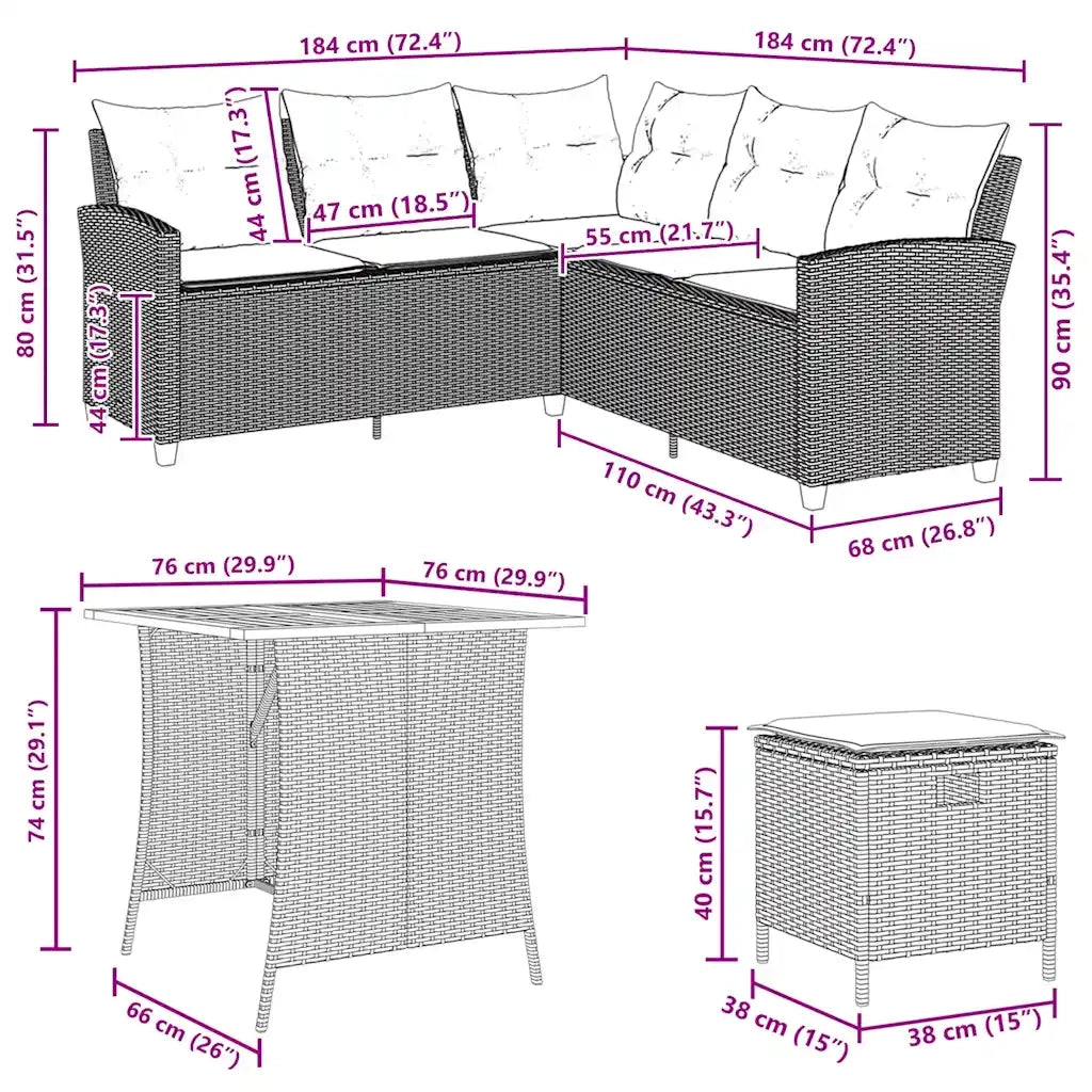 Set Divano da Giardino 6 pz con Cuscini a L Beige in Polyrattan 3213542