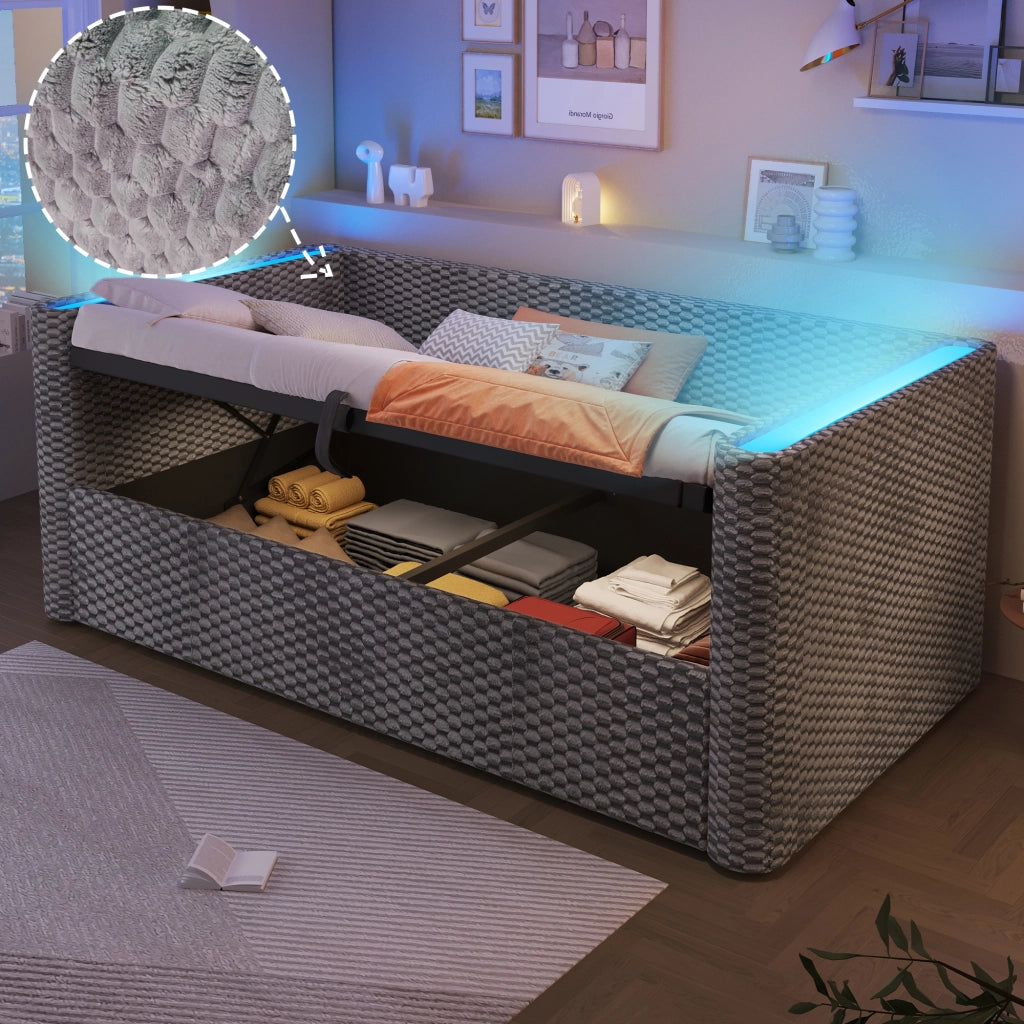 LETTO DAYBED 90x200 cm Velluto Grigio con LED e contenitore idraulico