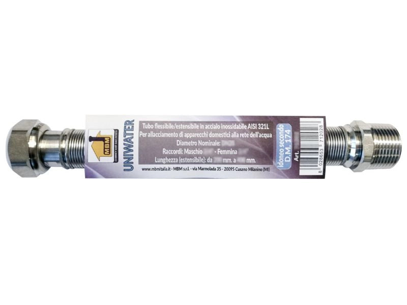 Tubo flessibile estensibile inox 1/2''  100 / 200 mm acqua inox DM 174