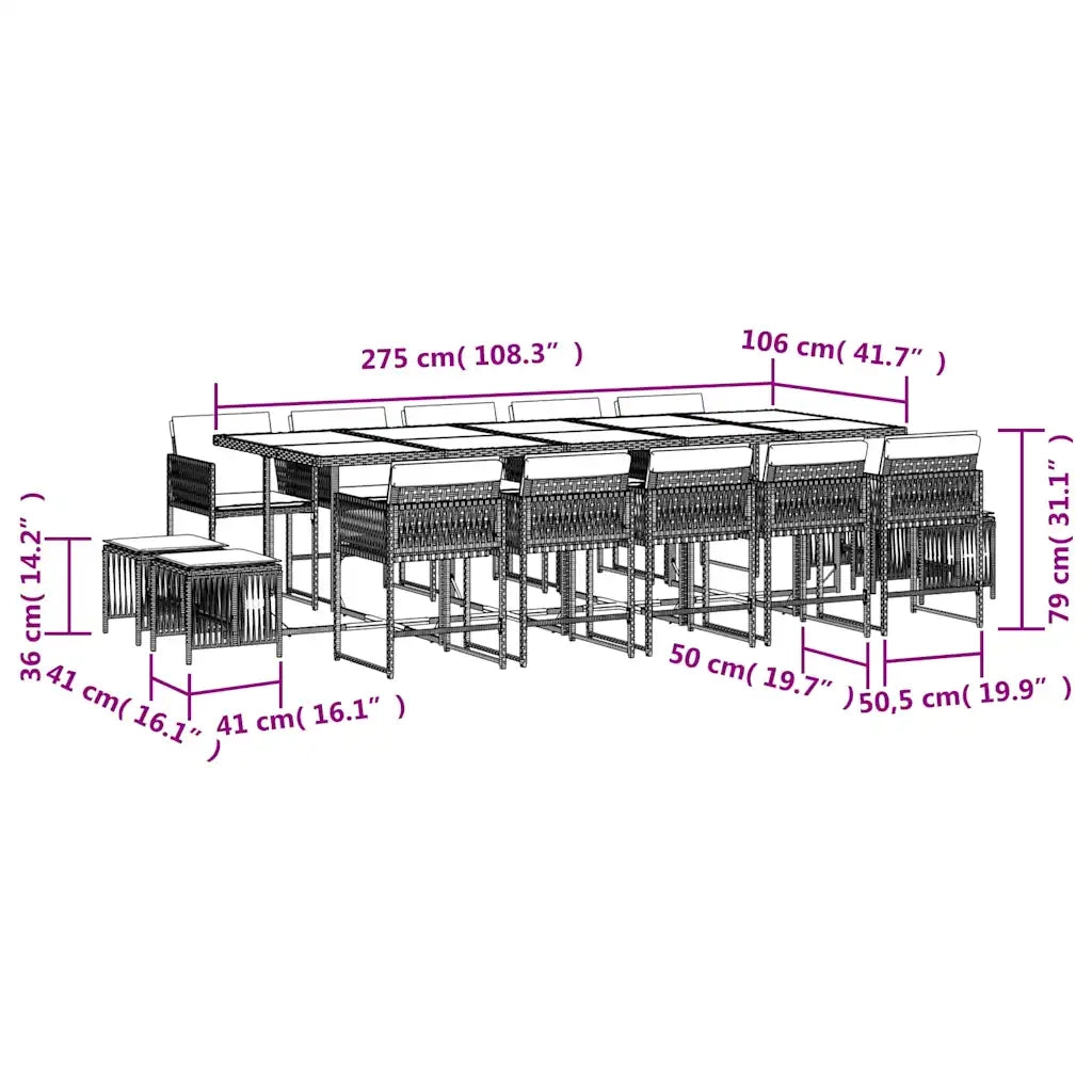 Set Pranzo da Giardino 15 pz con Cuscini Beige Misto Polyrattan