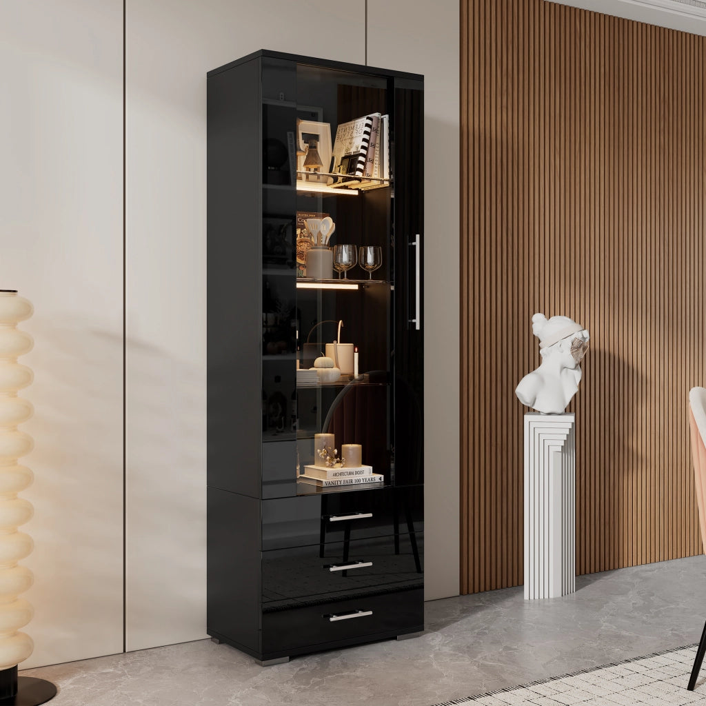 Vetrina da esposizione con LED, 1 porta e 3 cassetti, in MDF nero lucido, per soggiorno 60 × 35 × 180 cm